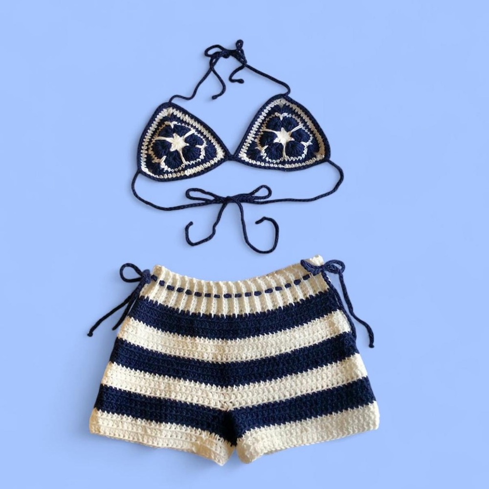 crochet navy and white african flower bikini top and shorts set HANDMADE